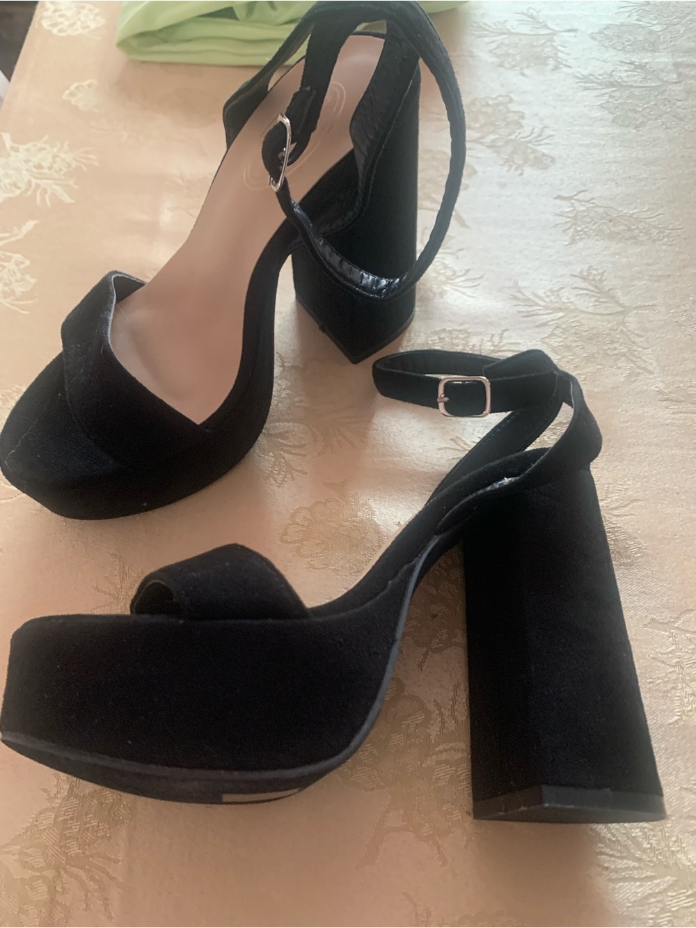 Women's Black Suede Platform Block Heel Sandals - Ankle Strap